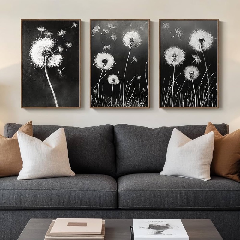 Photo 1 of Framed Black and White Floral Wall Art, 3 Piece Vintage Botanical Canvas Painting Prints Artwork, Large Rustic Minimalist Flower Dandelion Pictures for Farmhouse Bedroom Living Room Wall Decor, 16x24