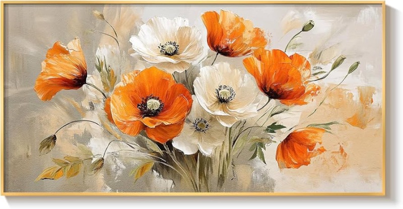 Photo 1 of Large Gold Framed Floral Wall Art for Living Room, Orange White Flower Canvas Painting Prints Artwork, Modern Elegant Country Farmhouse Watercolor Flower Pictures for Bedroom Hallway Wall Decor, 20x40