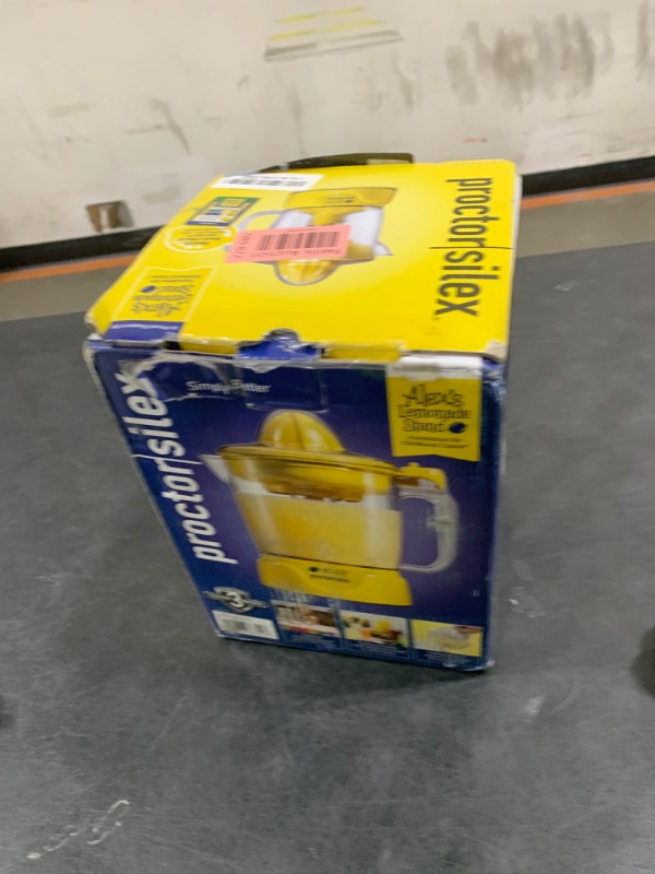 Photo 1 of Proctor Silex Alex's Lemonade Stand Electric Citrus Juicer Machine, Large 34 oz. Pitcher, Pressure Activated, for Lemons, Limes and Oranges, 34 oz, Includes 2 Reamers & Recipe Book, Yellow (66341)