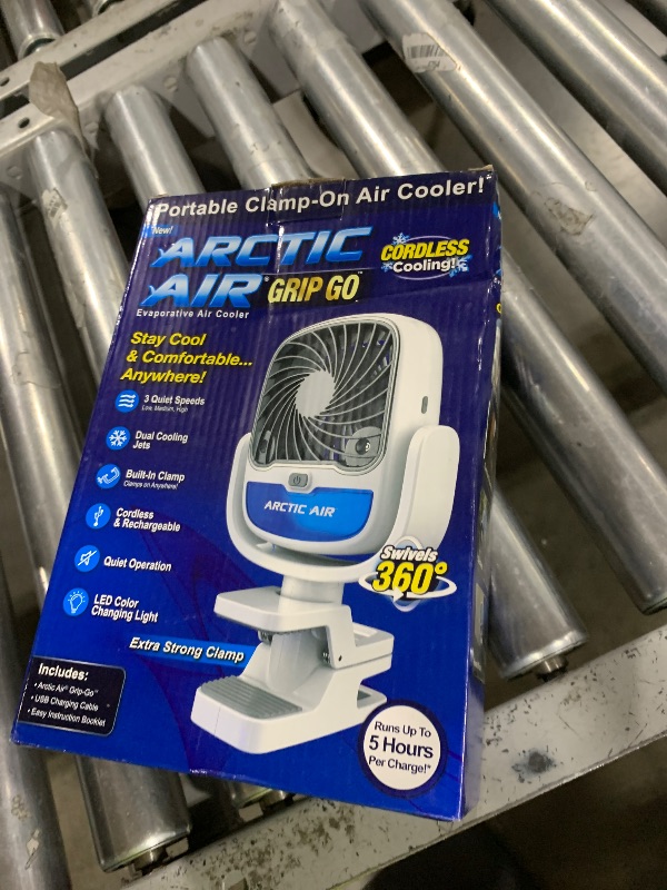 Photo 1 of Arctic Air Grip Go Evaporative Cooler, Cordless & Portable Fan with 3 Speeds, Universal Clamp 360 Degrees Head Swivel, USB Charging, 5-Hour Battery, Personal for Home, Office, Car More, White