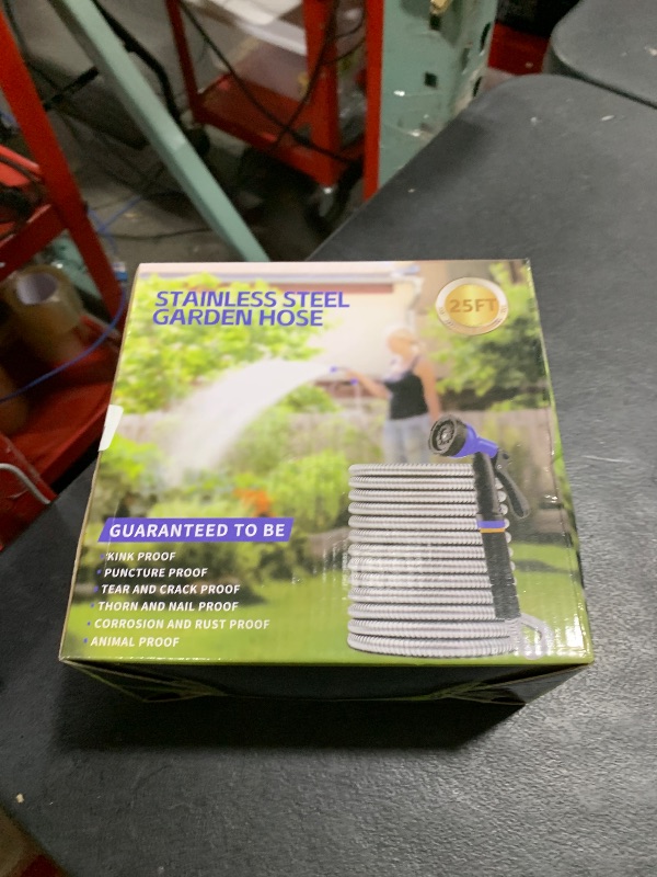 Photo 1 of Garden Hose, Stainless Steel Metal Water Hose with 10 Function Nozzle, Lightweight Hose, No Kink, Leak-proof, Puncture Resistant for Yard, Outdoor, RV(25 ft)