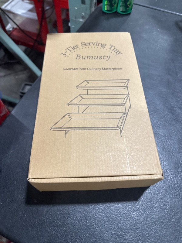 Photo 1 of 3 Tier Plastic Serving Tray for Party, 11.5" x 5.6" Platters for Serving Food, Microwave-Safe, White Reusable Trays with Black Metal Display Stand for Cupcakes, Sevring Food, Dessert, Fruit, Black