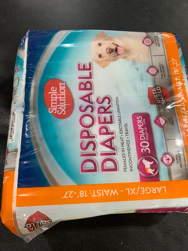 Photo 1 of Simple Solution Disposable Dog Diapers, Female Dog Diapers, Puppy Potty Training, Incontinence and Heat Cycle Protection, Large Diapers for Dogs, 18-27 Inch Waist, 30 Count