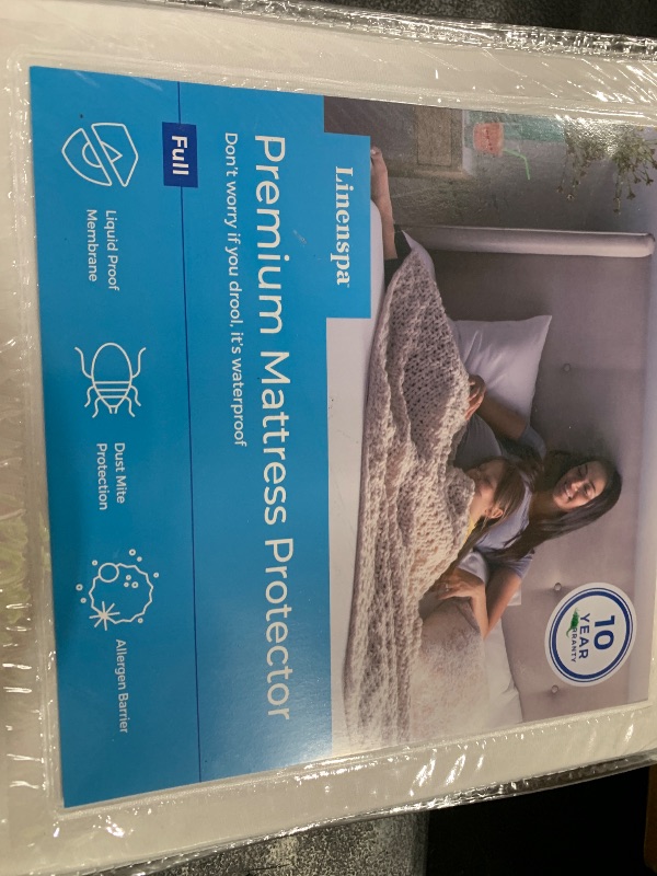 Photo 1 of LINENSPA Premium Waterproof Mattress Protector - Full Size - Breathable - Fitted Style - Machine Washable & Dryer Safe - Mattress Protector for Kids, Teens, and Adults, White