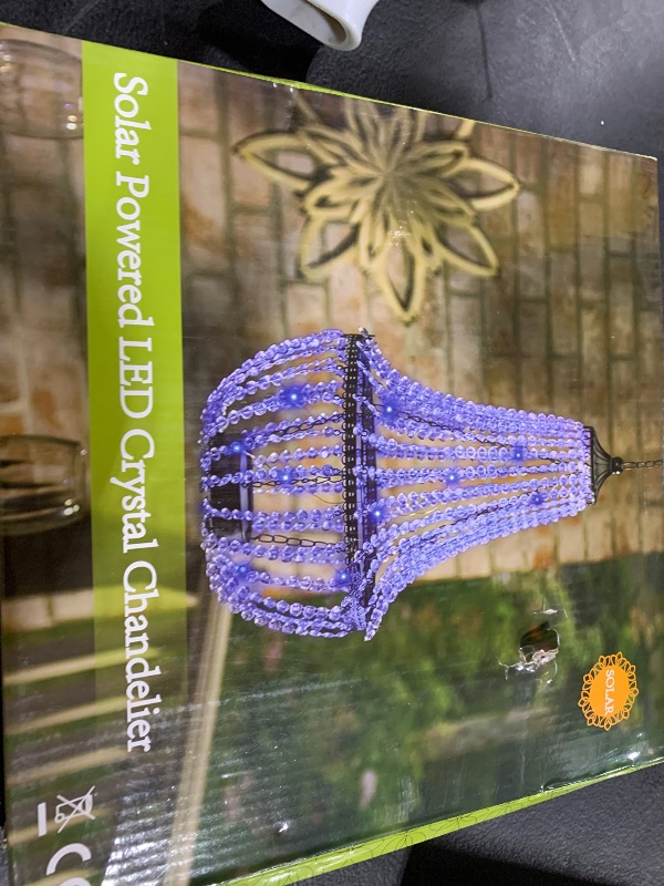 Photo 1 of Hanging Solar Chandelier Outdoor, 30 Blue Lights Acrylic Clear Beaded Chandelier with S Hooks Modern Lantern for Garden Yard Patio Gazebo Decorations, 28”H