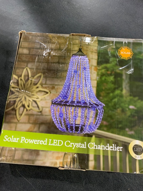 Photo 1 of Hanging Solar Chandelier Outdoor, 30 Blue Lights Acrylic Clear Beaded Chandelier with S Hooks Modern Lantern for Garden Yard Patio Gazebo Decorations, 28”H