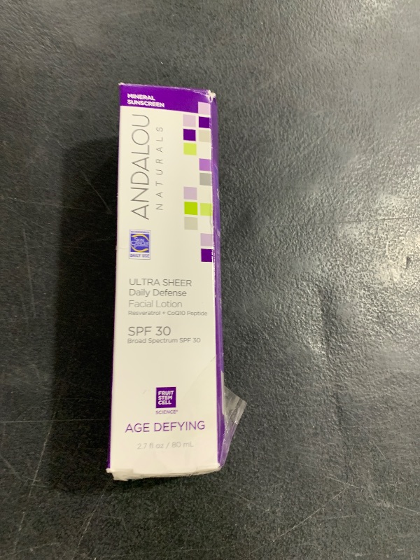 Photo 1 of Andalou Naturals Age Defying Face Sunscreen, SPF 30 Zinc Oxide Mineral Sunscreen, Ultra Sheer Daily Defense Face Lotion, Helps Hydrate Skin, Gentle & Lightweight - 2.7 Fl. Oz.