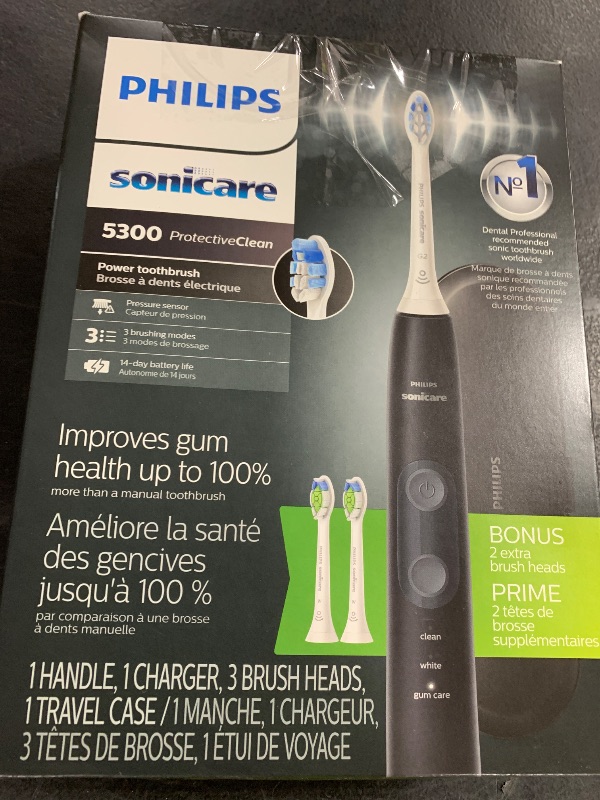 Photo 1 of Philips Sonicare ProtectiveClean 5300 Rechargeable Electric Toothbrush, with Pressure Sensor, 3 Cleaning Modes, SmarTimer and QuadPacer, with 2 Bonus Brush Heads, Travel Case, Black, Model HX6423/34