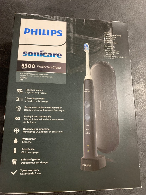 Photo 1 of Philips Sonicare ProtectiveClean 5300 Rechargeable Electric Toothbrush, with Pressure Sensor, 3 Cleaning Modes, SmarTimer and QuadPacer, with 2 Bonus Brush Heads, Travel Case, Black, Model HX6423/34