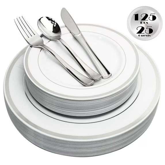Photo 1 of 125 Piece Silver Plastic Plates & Cutlery Set - Reusable & Recyclable - Silver Rim Plates