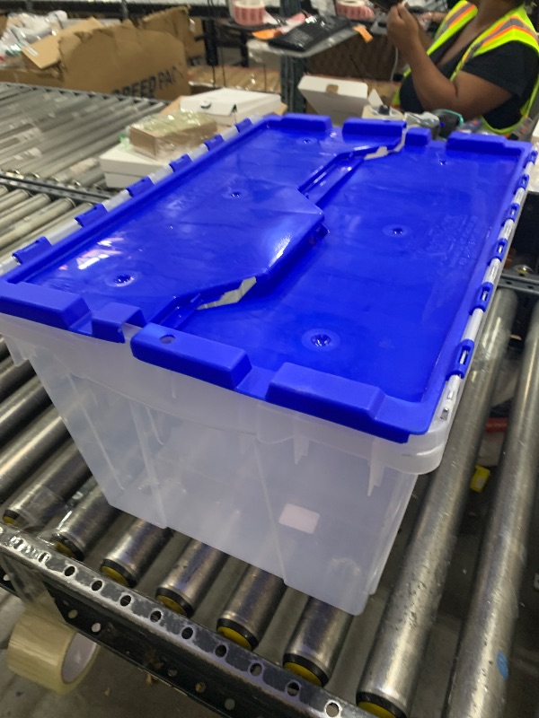 Photo 1 of Akro-Mils KeepBox 12 Gallon Storage Container, Nesting and Stackable Plastic Storage Box with Lid Attached, Clear Tote for Garages, Closets, and Moving, 21-1/2" x 15" x 12-1/2", Clear/Blue