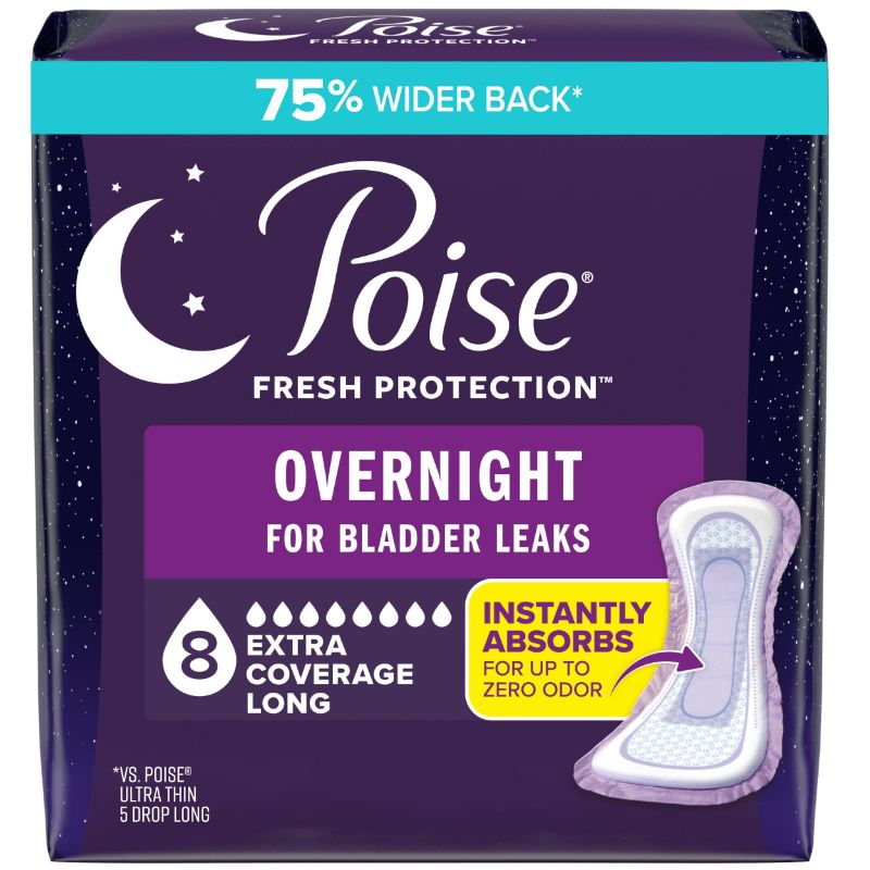 Photo 1 of Poise Overnight Incontinence & Postpartum Pads for Bladder Leaks, 8 Drop Extra Coverage, 24 Count, Packaging May Vary