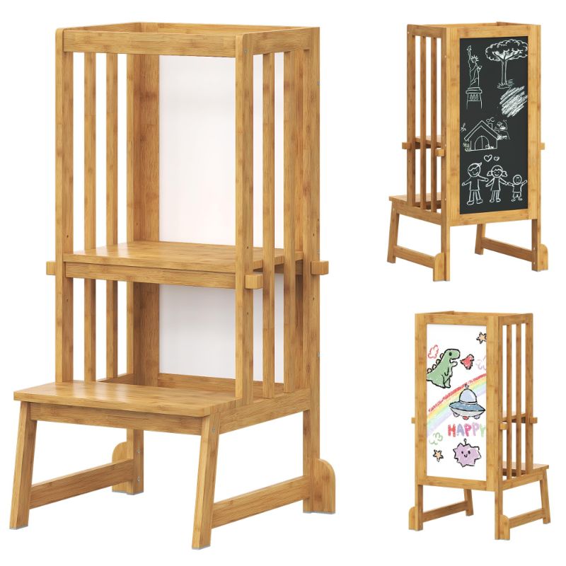Photo 1 of Bamboo Toddler Tower, 3 in 1 Adjustable Learning Standing Tower, Kitchen Bathroom Stool for Kids with Chalkboard
