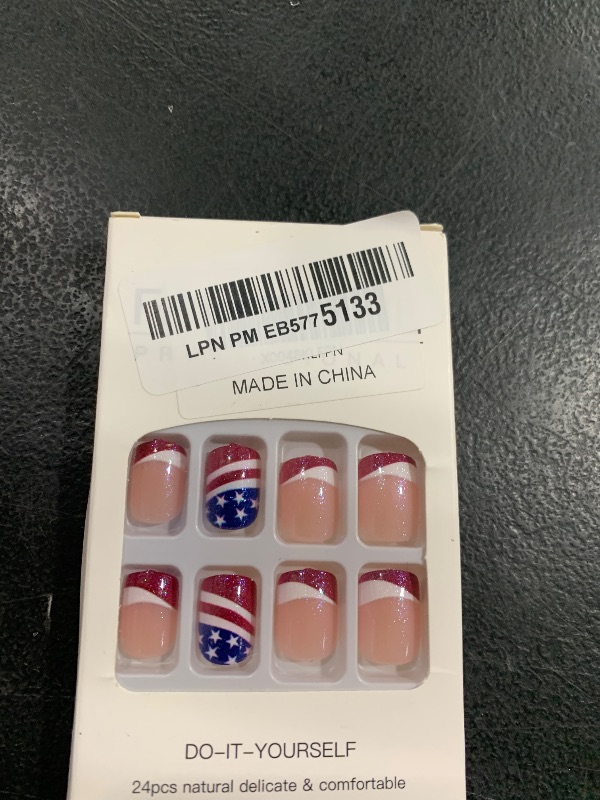 Photo 1 of 24pcs Independence Day Press on Nails Short Square Nails Red White Glossy French Tip Fake Nails 4th of July Patriotic Design Acrylic Nails Supply French Tip Star Full Cover False Nails for Women Girls
