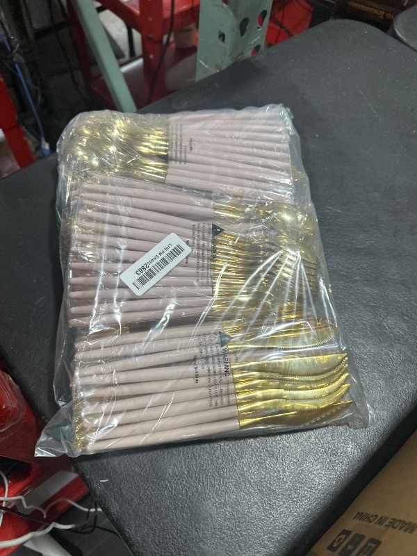 Photo 1 of I00000 144Pcs Pink Plastic Silverware, Gold Disposable Flatware with Pink Handle, Gold Plastic Cutlery Set Includes: 48 Forks, 48 Knives and 48 Spoons Perfect for Party & Wedding