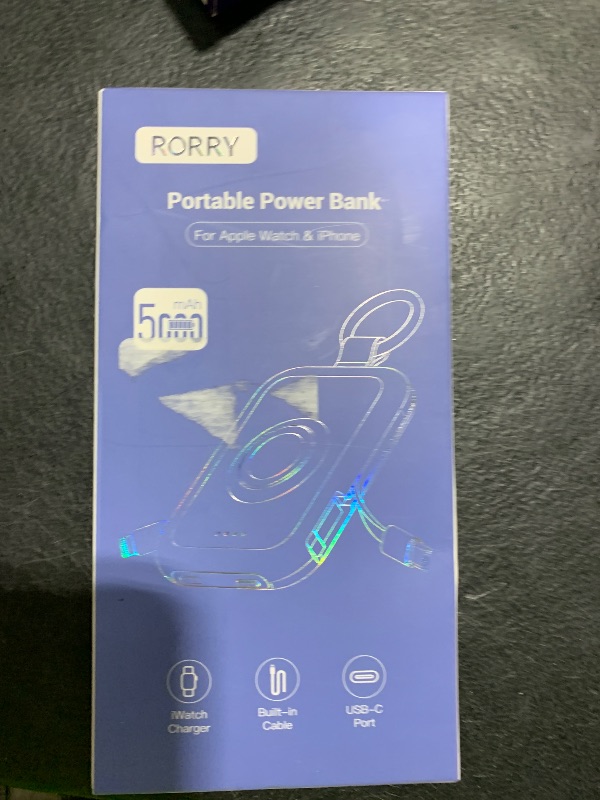 Photo 1 of RORRY Portable Charger, 5000mAh Portable Charger Power Bank with Built-in Cables, Travel Keychain Battery Pack for Apple Watch Ultra 2/9/8/Ultra/7/6/SE/5, iPhone 16/15/14/13/12, White