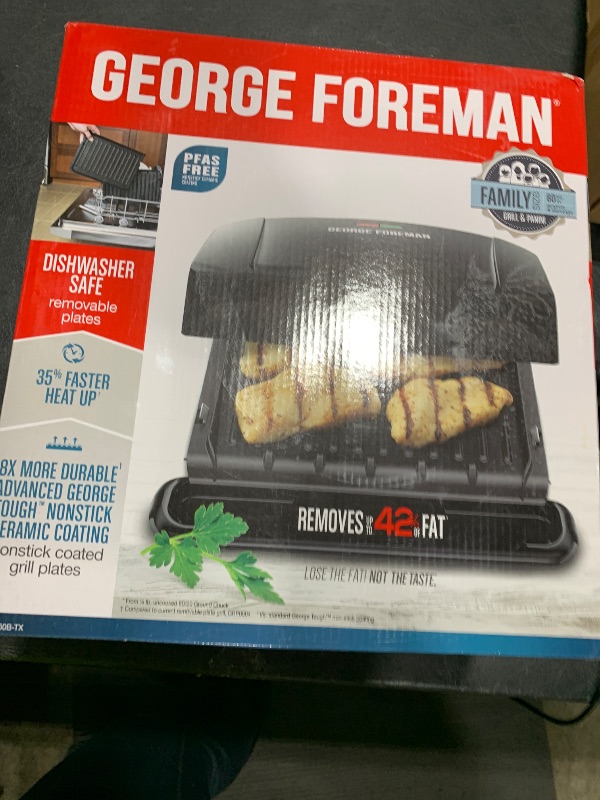 Photo 1 of George Foreman 4-Serving Removable Plate Electric Grill and Panini Press, George Tough Non-Stick Coating, Drip Tray Catches Grease, Black