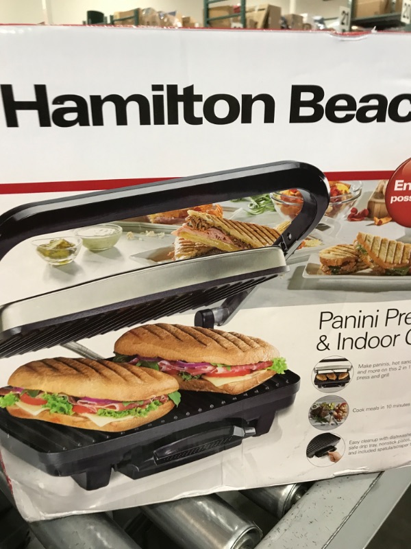Photo 1 of Hamilton Beach Panini Press, Sandwich Maker & Electric Indoor Grill, Upright Storage, Nonstick Easy Clean Grids, Stainless Steel (25410)
