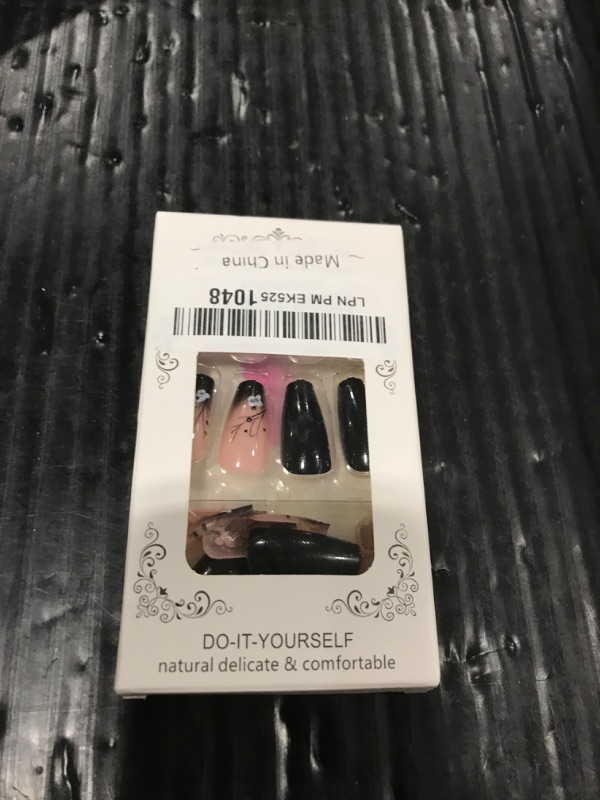 Photo 1 of Long Coffin Press on Nails Butterfly Fake Nails Glossy Glue on Nails Black French Tip Acrylic Nails Flower French Artificial Nails 3D Rhinestone Stick on False Nails with Gradient Design 24 PCS