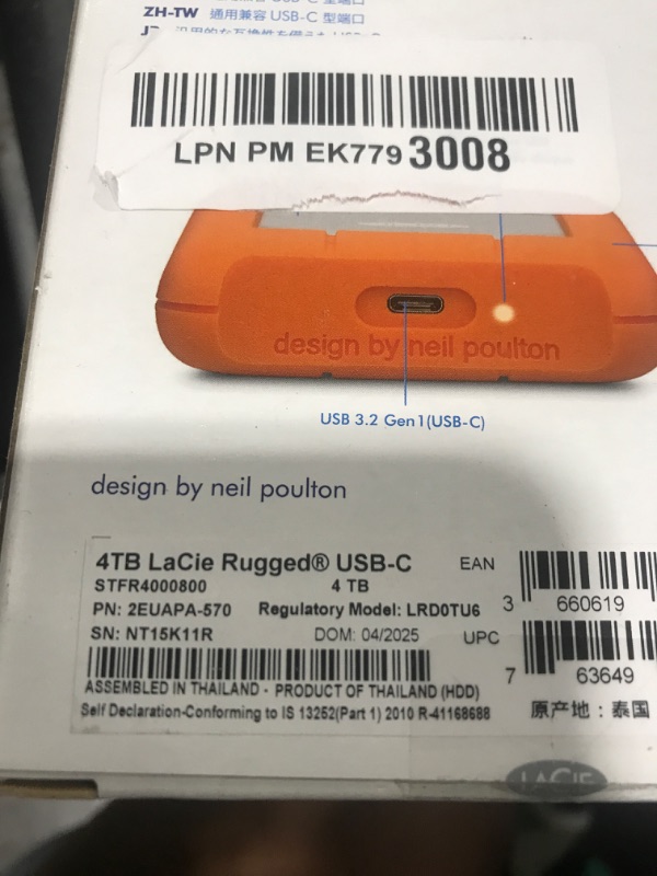Photo 1 of LaCie Rugged USB-C, 4TB, Portable External Hard Drive, Drop, Shock, Dust, Rain Resistant, for Mac & PC (STFR4000800)