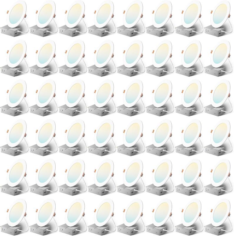 Photo 1 of Amico 48 Pack 6 Inch 5CCT Ultra-Thin LED Recessed Ceiling Light with Metal Junction Box, 2700K-5000K Selectable, 12W Eqv 110W, Dimmable Canless Wafer Downlight with Plastic Trim, 1050 Lumens -ETL&FCC
