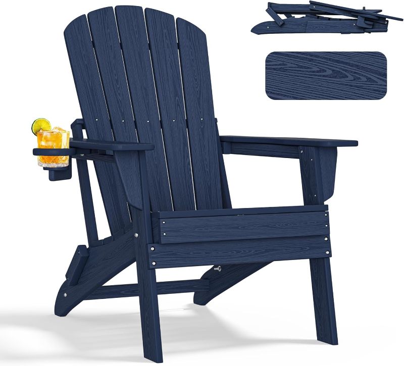 Photo 1 of Folding Adirondack Chair - Extended Ergonomic Backrest, Cup Holder - Easy Assembly - Durable HDPE Plastic, Weather Resistant & Maintenance-Free - Lawn, Patio, Deck Supports 380lbs NavyBlue