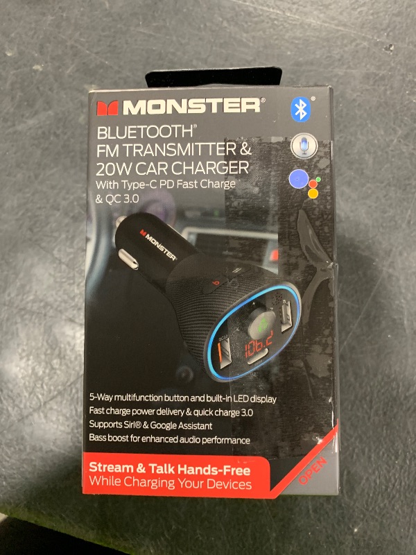 Photo 1 of Monster Bluetooth FM Transmitter for Car Cigarette Lighter with 20W QC3.0 USB A & USB C PD Charger, Bass Boost Button, Flash Drive Port, Google Voice & Siri Compatible, Hands-Free Calls, Microphone