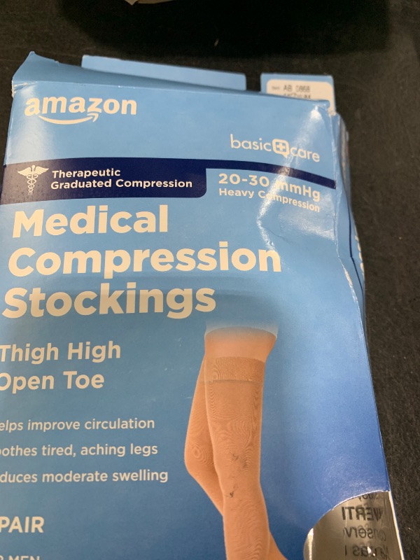 Photo 1 of Amazon Basic Care Medical Compression Stockings, 20-30 mmHg Support, Women & Men Thigh Length Hose, Open Toe, Beige, Medium (Previously NuVein)