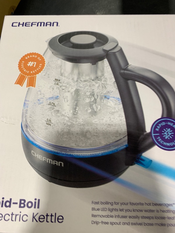 Photo 1 of Chefman Electric Kettle with Tea Infuser, 1L 1500W, Removable Lid for Easy Cleaning, Boil-Dry Protection, Stainless Steel Filter, BPA Free, Auto Shut Off Hot Water Boiler, Small Electric Tea Kettle
