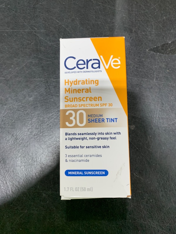 Photo 1 of CeraVe Hydrating Mineral Sunscreen SPF 30 with Sheer Tint, Tinted Mineral Sunscreen with Zinc Oxide & Titanium Dioxide, Blends Seamlessly For Healthy Glow, Medium, 1.7 Fluid Ounce
