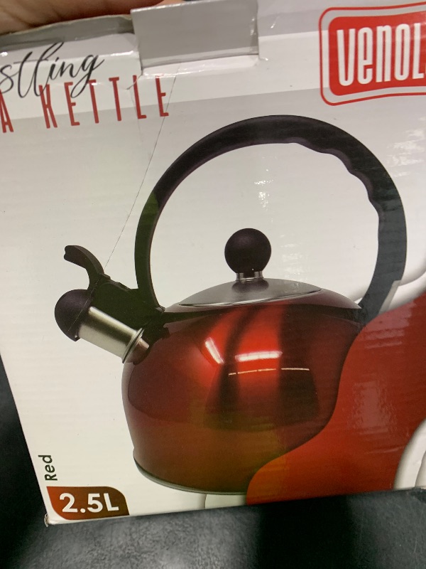 Photo 1 of Venoly 2.5 Liter Whistling Tea Kettle - Modern Stainless Steel Whistling Tea Pot for Stovetop Hot Water Boiler with Cool Grip Ergonomic Handle (Wine Red, 2.5 Liter)