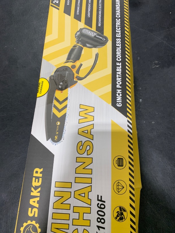 Photo 1 of Saker Mini Chainsaw Cordless 6-Inch-Switch Security Lock-Cordless Power Chain Saws-Handheld Small Chainsaw for Cutting Wood Trimming and Woodworking- Mini Chain Saw Cordless with 1 Battery