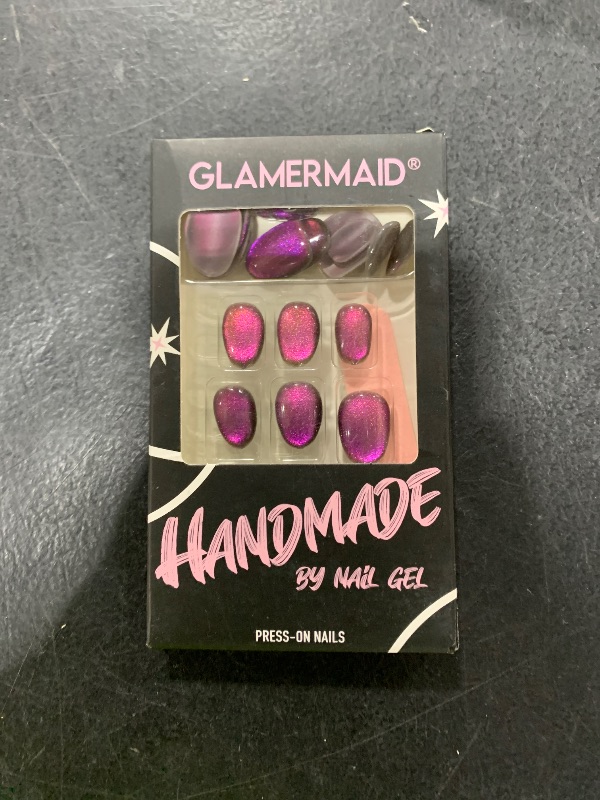Photo 1 of GLAMERMAID Press on Nails Short Oval, Deep Purple Cat Eyes Spring Summer Handmade Gel Glue on Nails, 24Pcs Glossy Round Reusable UV Finish Fake Nails Acrylic False Nails Manicure Kits for Women