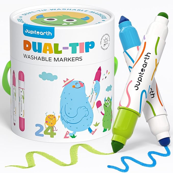 Photo 1 of Washable Dual Tip Markers for Kids, Broad & Round Tip, Easy-Grip Design for Little Hands, 24 Vibrant Colors Toddler Markers with Portable Case, Preschool Art Supplies for Kids Toddlers
