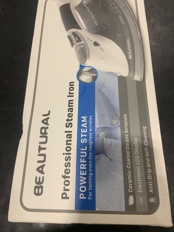 Photo 1 of BEAUTURAL 1800-Watt Steam Iron with Digital LCD Screen, Double-Layer and Ceramic Coated Soleplate, 3-Way Auto-Off, 9 Preset Temperature and Steam Settings for Variable Fabric Gray