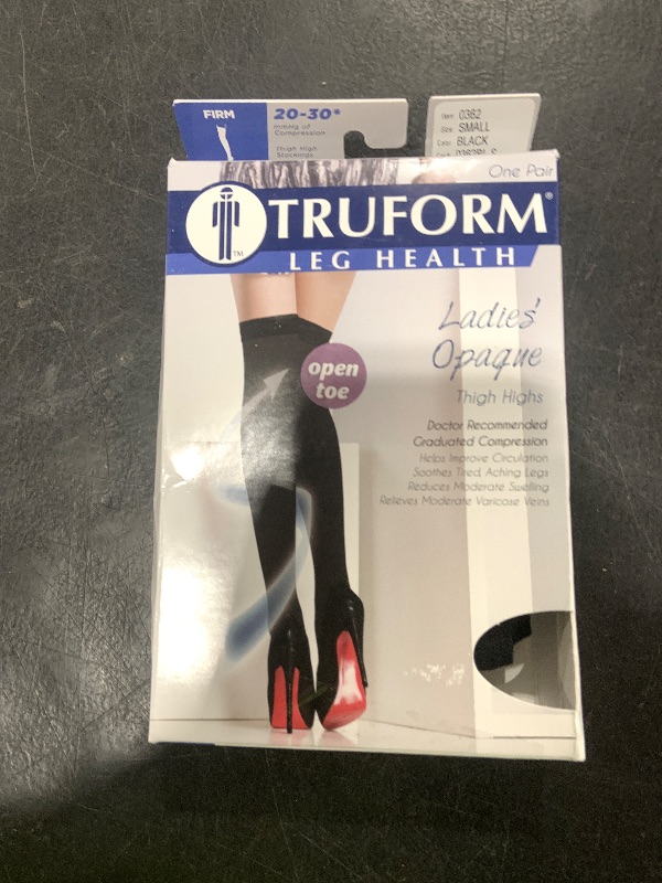 Photo 1 of Truform Women's Compression Stockings, 20-30 mmHg, Thigh High Length, Open Toe, Opaque, Black, Small