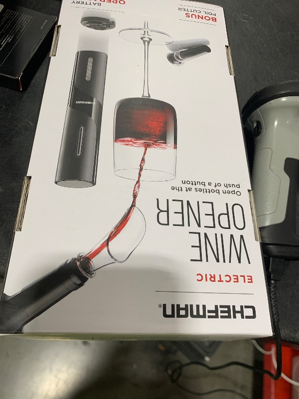 Photo 1 of Chefman Electric Wine Opener Makes Opening Bottles Fast, Foolproof, And Fun! Black, Battery-Operated 4-Piece Corkscrew Set Comes With A Foil Cutter, Pourer, And Vacuum Stopper