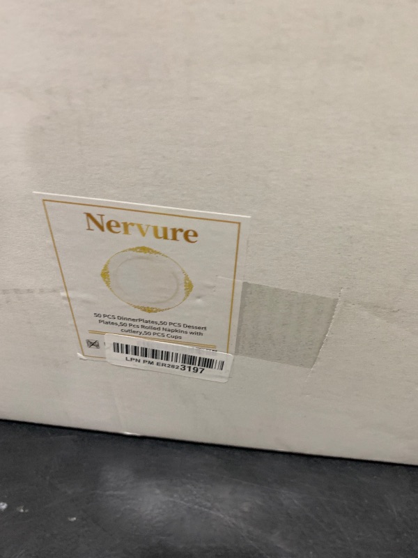 Photo 1 of Nervure 350PCS Ivory Plastic Plates - Ivory Gold Plastic Dinnerware Sets for 50 Guests - 100 Gold Disposable Plates, 50 Pre Rolled Silverware Sets, 50 Cups Perfect for Wedding & Party
