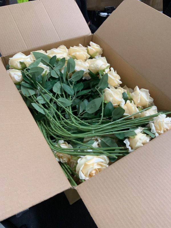 Photo 1 of Jexine 100 Pieces Artificial Roses Flowers Bulk, Long Stem Realistic Fake Silk Roses Bouquet for Table Centerpiece Vases Wedding Party Kitchen Decor (Champagne)