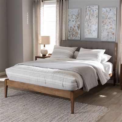 Photo 1 of Baxton Studio Clifford Mid-Century Light Grey Fabric and Medium Brown Finish Wood Queen Size Platform Bed