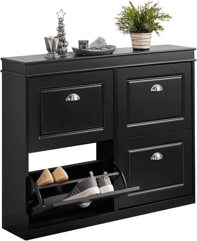 Photo 1 of Haotian Modern Black Freestanding Shoe Cabinet with 4 Flip Drawers, 8 Levels, W41.3 x D9.5 H32.7 in., Entryway Shoe Organizer