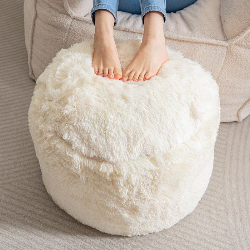 Photo 1 of Round Stuffed Pouf Ottoman, Long Faux Fur Poufs with Foam Chunk Filling, Fluffy and Furry Pouf Foot Stool Storage Ottoman, 20 X 15 Floor Poufs Foot Rest for Living Room,