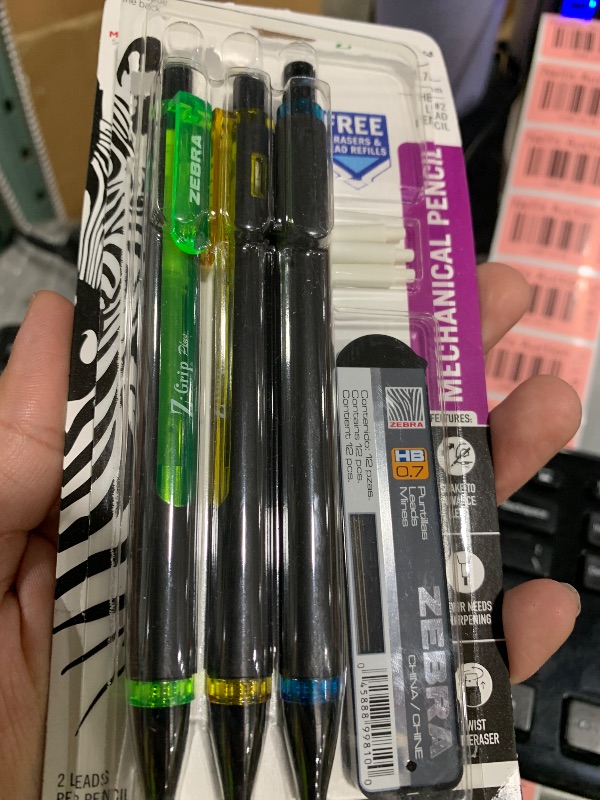 Photo 1 of Zebra Pen Z-Grip Plus Mechanical Pencil, 0.7mm, with Lead and Erasers, Assorted Barrel Colors, Green, Yellow, Blue, 3-Pack (55403)