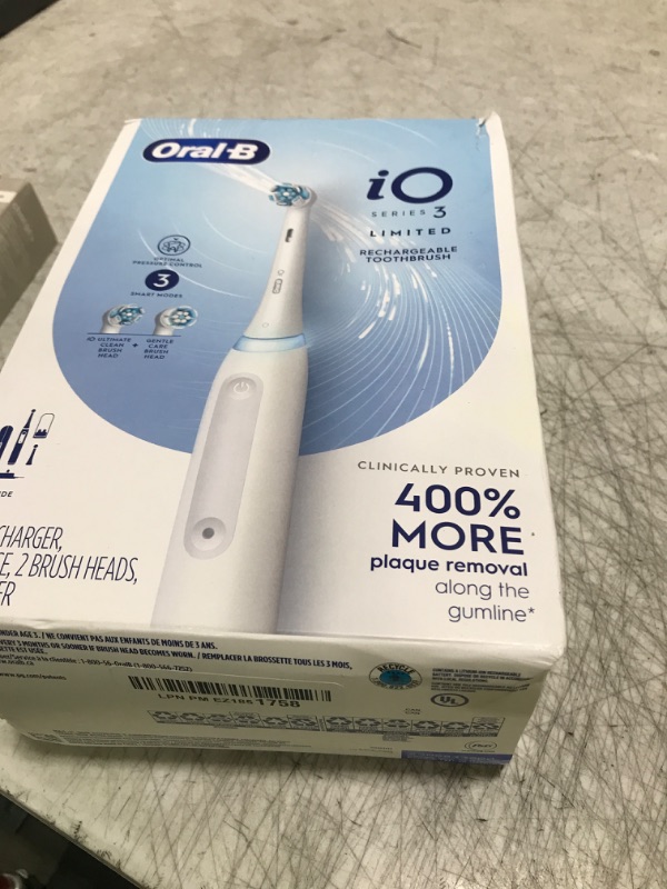 Photo 1 of Oral-B iO Deep Clean Rechargeable Electric Powered Toothbrush, White with iO Series 3 Limited, 2 Brush Heads and Travel Case - Pressure Sensor to Protect Gums - 3 Cleaning Settings - 2 Minute Timer