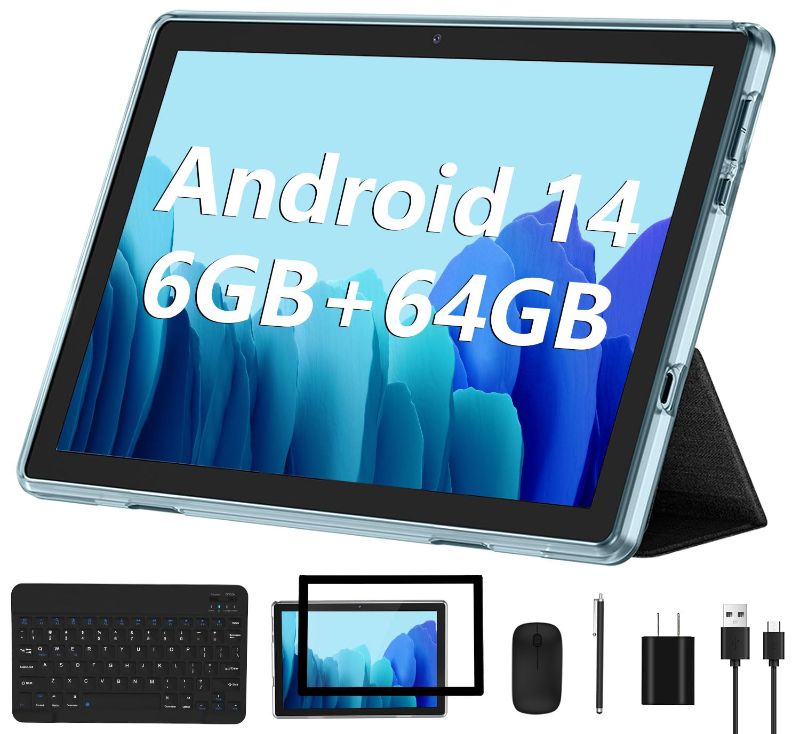 Photo 1 of Android 14 Tablet 2025 New 10 Inch Tablets with 6GB RAM + 64GB ROM + 1TB Expanded Ouad-Core, 2 in 1 Tableta with Keyboard Mouse WiFi 6 Bluetooth, GMS Certified IPS Touch Screen Tablet - Blue Set