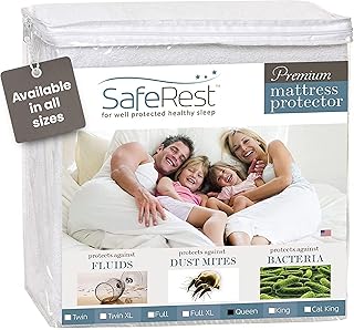 Photo 1 of SafeRest Waterproof Queen Size Mattress Protector - Fitted with Stretchable Pockets - Machine Washable Cotton Mattress Cover for Bed
