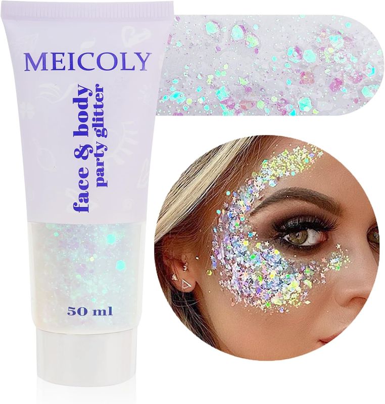 Photo 1 of MEICOLY Clear White Body Glitter,Mardi Gras Face Glitter Makeup for Kids Women,Face Glitter for Running,Sparkly Chunky Hair Glitter,Singer Concert Festival Rave Accessories,Mermaid Glitter Face Paint
