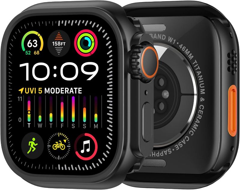 Photo 1 of amBand for Apple Watch Series 10 46mm Metal Case Men, W1 Rugged Protective Bumper [Turn iWatch into Ultra Look] with Back Cover, Upgrade Conversion Kit Stylish Protector 46 mm - Black
