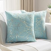 Photo 1 of JELLYMONI Sparkling Decorative Pillow Covers Set of 2, 18 x 18 inch Glitter Decorative Pillow Shams Light Blue with Gold Streaks, Soft Pillowcases Home Decor for Sofa Couch Bed
