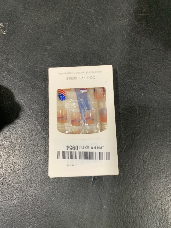 Photo 1 of July 4 Press on Nails Short Square Artificial Acrylic Nails USA Flag Pattern False Nails Stripe Design Fake Nails Full Cover Glossy Coffin Nails Holiday Nails Glue on Nails for Women Independence Day